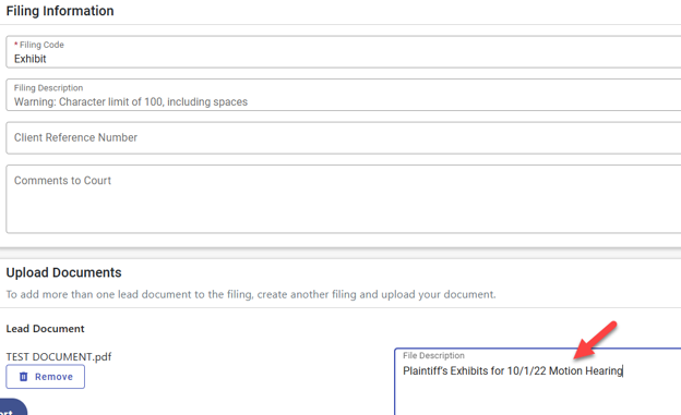 Field description “Plaintiff’s Exhibits for 10/1/22 Motion Hearing”: