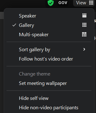 At the top righthand of your screen there is a Layout button. This allows you to choose between Grid, speaker, and multi speaker views.
