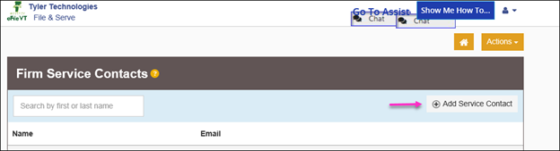 To add attorney’s own electronic service contact information, click Actions, Firm Service Contacts, Add Service Contact