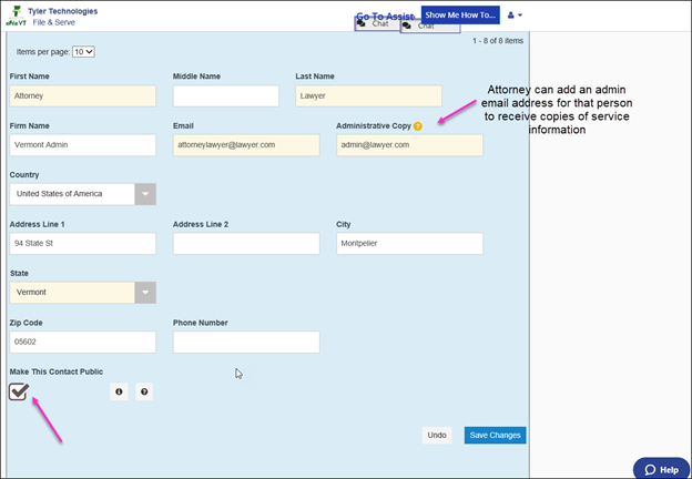 To add the electronic service contact information to the public list, simply check “Make This Contact Public”