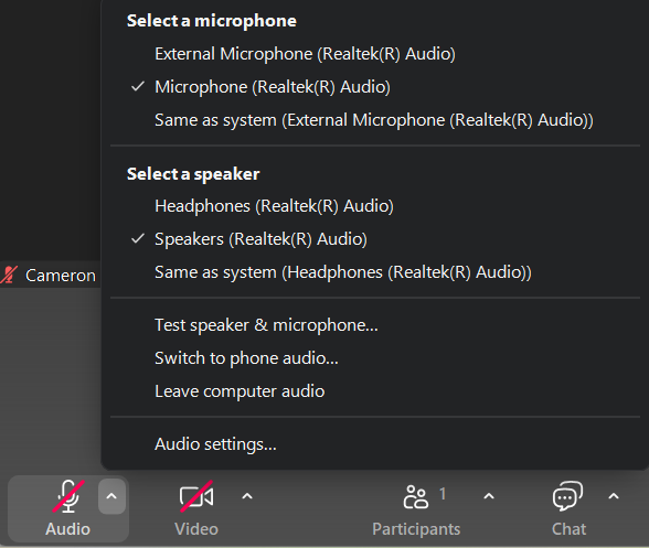 After you've checked those, in the meeting select the small arrow next to audio in the bottom left of the app.