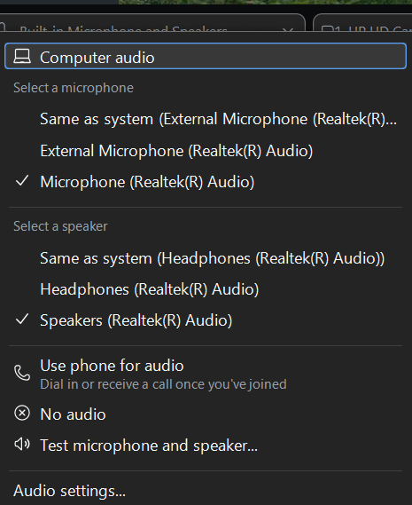 In the pop-up window before you join the meeting, click the left drop down menu for a list of options.